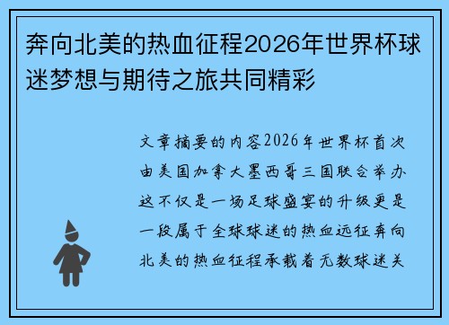 奔向北美的热血征程2026年世界杯球迷梦想与期待之旅共同精彩